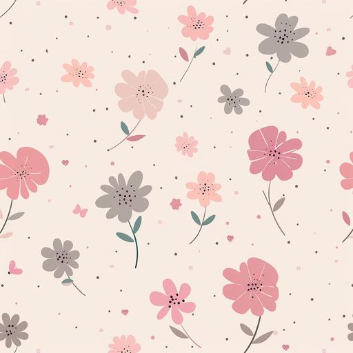 A light pink background, flat, with only 2 colors of pastel cartoon flowers, those colors are pink and grey, the flowers are scattered randomly around the page