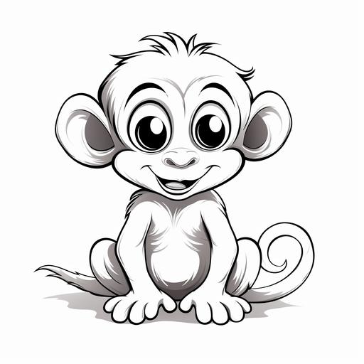 a black and white cartoon outline image of a baby monkey, black ink on white background, sitting, cute, lovable
