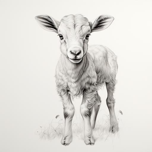 a black and white line drawing, sparse, detailed, of a baby ram