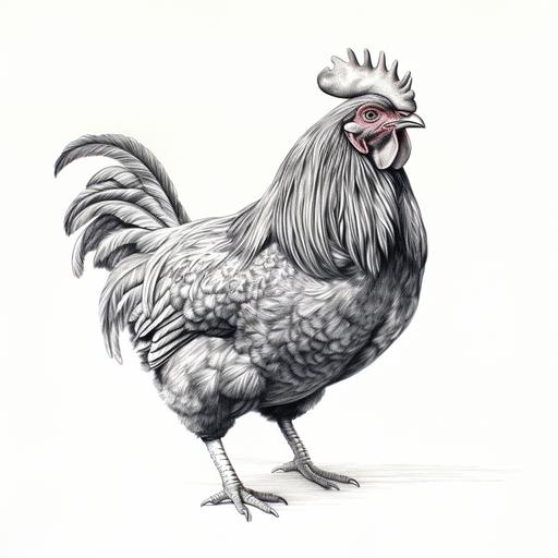 a black and white line drawing, sparse, detailed, of a small chicken