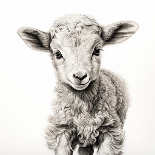 a black and white line drawing, sparse, detailed, of a baby ram