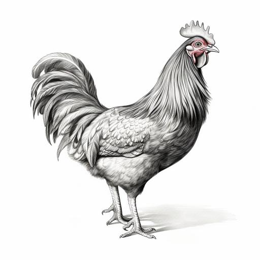 a black and white line drawing, sparse, detailed, of a small chicken