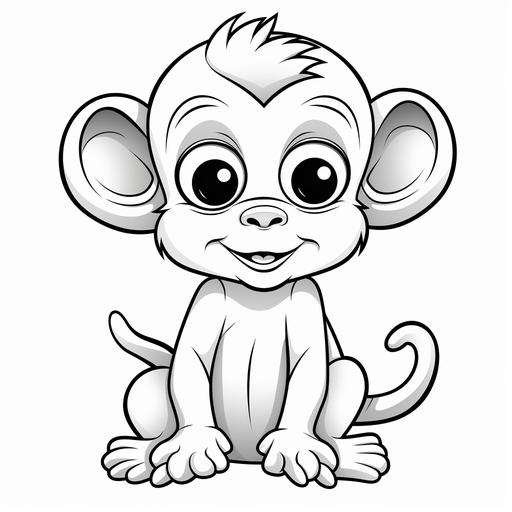 a black and white line drawing, sparse, suitable for a coloring book, of a baby monkey, cute, lovable