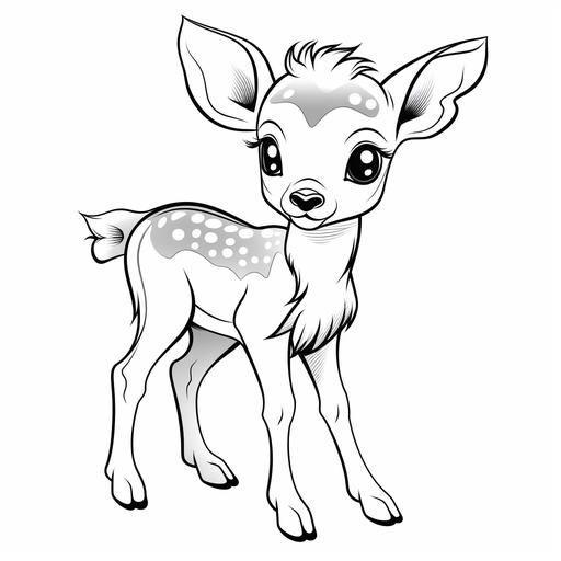 a black and white line drawing, sparse, suitable for a coloring book, of a baby deer, cute, lovable