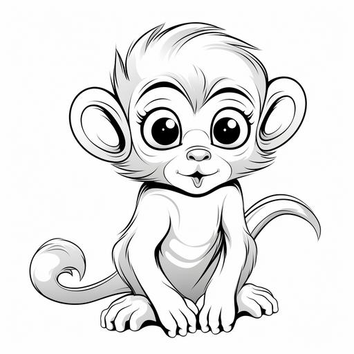 a black and white line drawing, sparse, suitable for a coloring book, of a baby monkey, cute, lovable