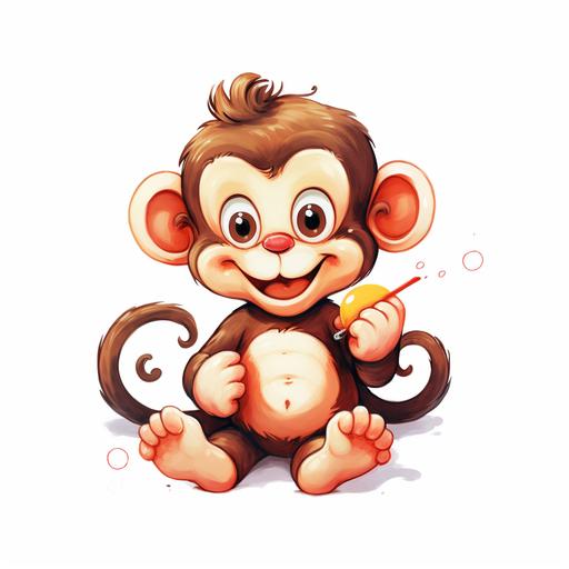 a colorful retro vintage drawing of a cartoon image of a baby monkey, on a white background, sitting, cute, lovable
