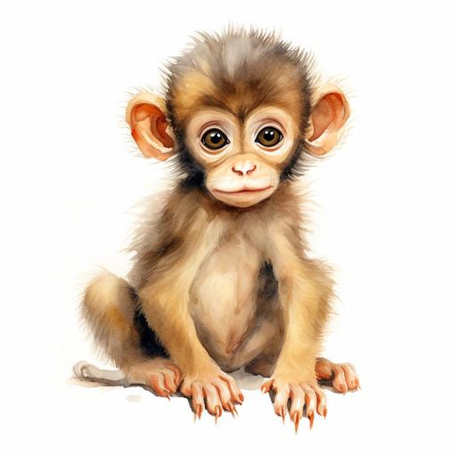 a colorful watercolor of a cartoon image of a baby monkey, on a white background, sitting, cute, lovable