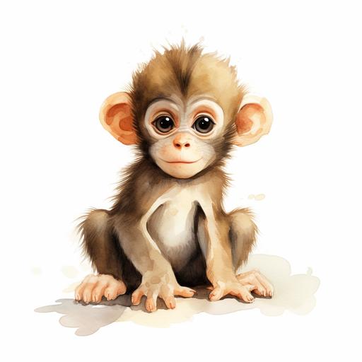 a colorful watercolor of a cartoon image of a baby monkey, on a white background, sitting, cute, lovable