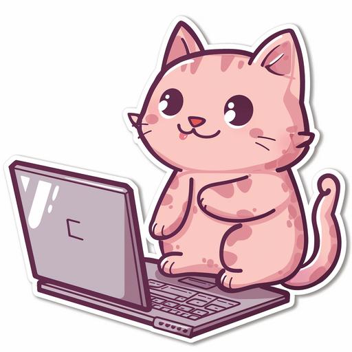 cat holding a laptop, simple cartoon drawing, sticker format