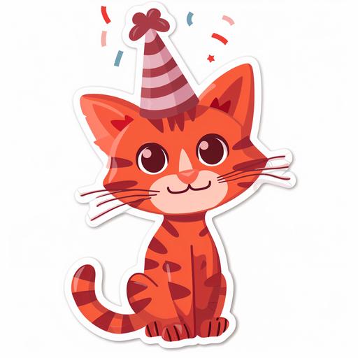 cat wearing party hat, use various shades of reds as colors, flat white background, simple cartoon drawing, pixar style, sticker format