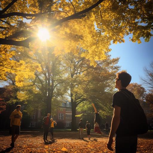 A beautiful golden mid-fall afternoon in an south-eastern college town. Gentle sunlight streaming throguh the leaves. generically handsome throwing around a frisbee, students milling about, not a cloud in the sky, early Friday afternoon relaxed vibe