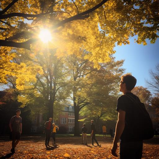 A beautiful golden mid-fall afternoon in an south-eastern college town. Gentle sunlight streaming throguh the leaves. generically handsome throwing around a frisbee, students milling about, not a cloud in the sky, early Friday afternoon relaxed vibe