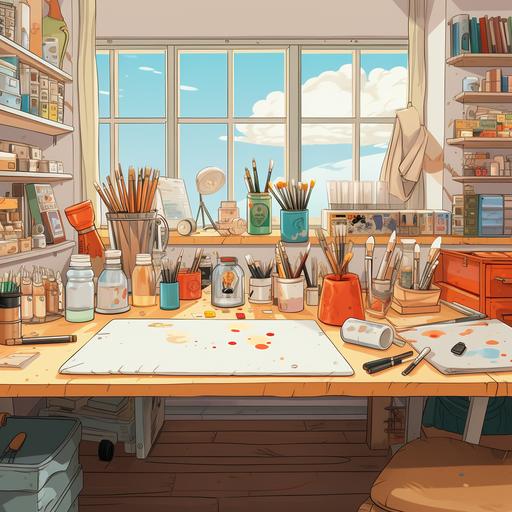 16:9 cartoon style image of white bright workshop desk space art and craft room with paint pots, glue and supplies