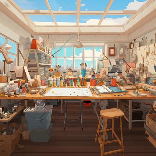 16:9 cartoon style image of white bright workshop desk space art and craft room with paint pots, glue and supplies --ar 1:1