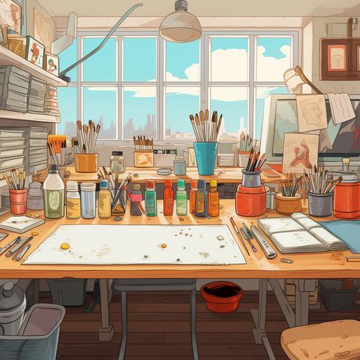 16:9 cartoon style image of white bright workshop desk space art and craft room with paint pots, glue and supplies