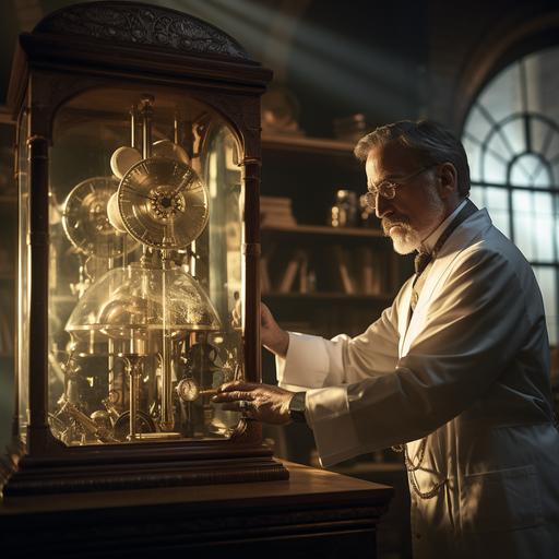 16:9 middle age doctor in white lab coat preserving a large antique gold clock in glass case