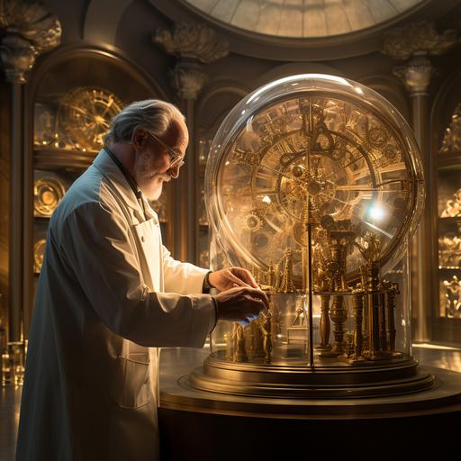16:9 middle age doctor in white lab coat preserving a large intricate gold clock in a glass case