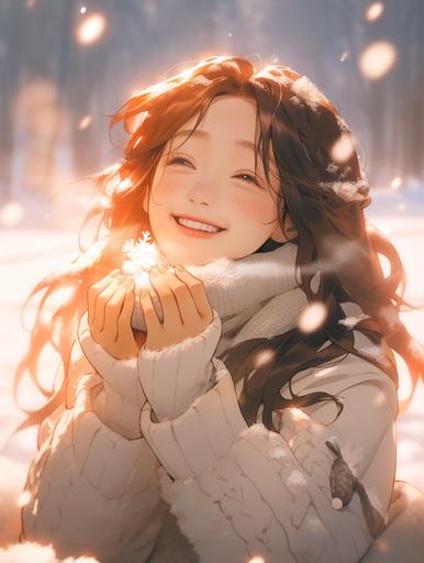 [16c1f6509]  An anime girl smiles, sideways looking up at the sky, brown curly hair, cartoon style, cute holding a handful of snow, white sweater, movie light on the face --no 牙 --niji 5 --ar 3:4 --c 0 --s 750