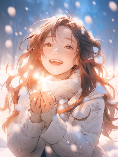 [16c1f6509]  An anime girl smiles, sideways looking up at the sky, brown curly hair, cartoon style, cute holding a handful of snow, white sweater, movie light on the face --no 牙 --niji 5 --ar 3:4 --c 0 --s 750