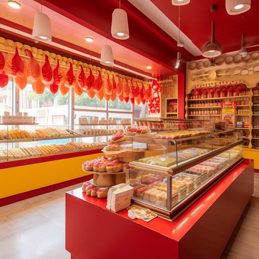 an indian brand named kandoi is a gujarati sweet shop having red, white and teak as primary color element. give me reaslistic hd images of gujarati sweet shop having brand name kandoi in it. the shop also deals in gujarati snacks. give interior pictures of shop