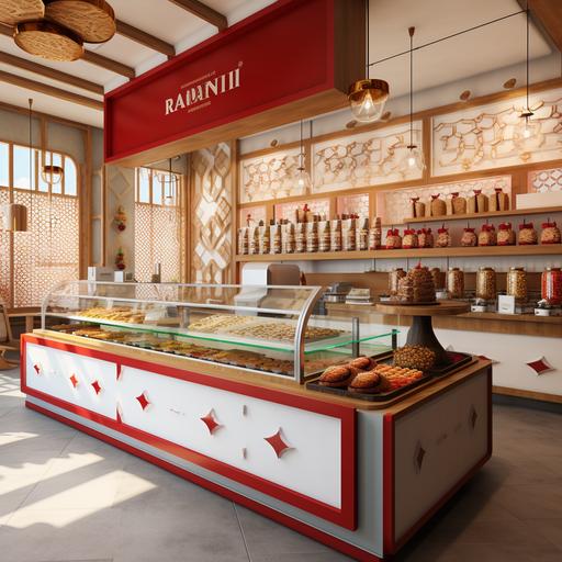 gujarati sweet and snacks shop display ideas having white , red and wooden elements in modern theme and realistic view. brand name of shop is Kandoi