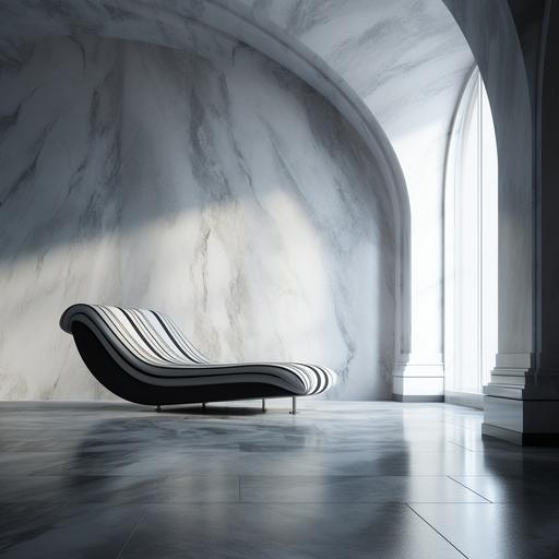 pilcrow sofa, post modern, black and white, photorealistic, grey marble floor, plaster walls, filtered light