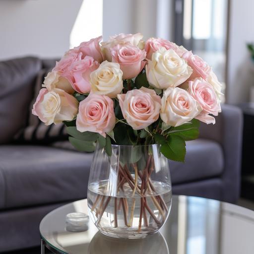 white and pink roses in a glass vase, glass vase on the table, bright room modern design,