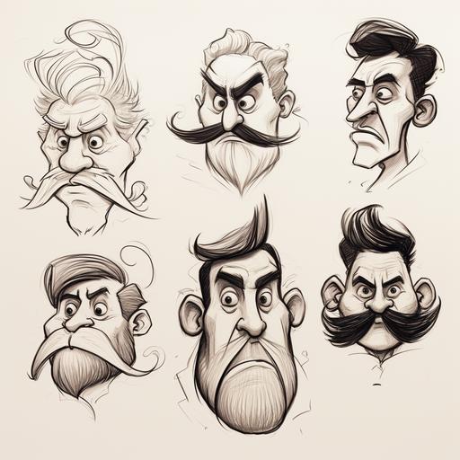 Drawing Heads of Men with Moustache and Beard, Variation of angles, style cartoon, Exaggerated facial expressions, ink, style Tom Bancroft, René Cordoba, Loish and Loopy Dave