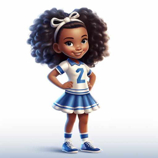 african american girl cheerleader cartoon, between age 5-8, wearing a blue and white cheerleading uniform