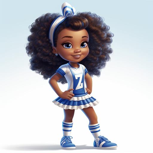 african american girl cheerleader cartoon, between age 5-8, wearing a blue and white cheerleading uniform