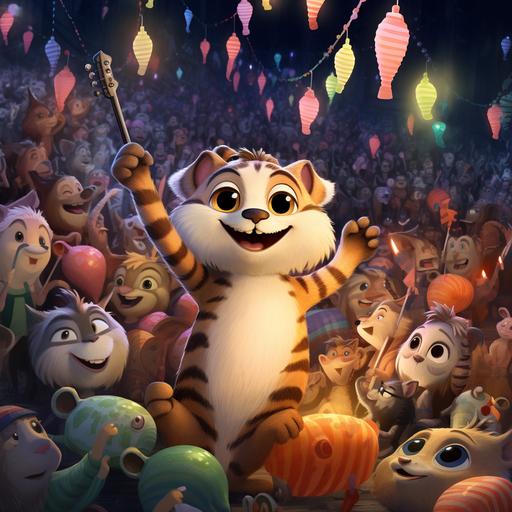 studio ghibli, simple, drawing, cartoon, a sloth character, beside a cute bengal striped tiger partying in a concert,love, lights, party, cute, coloring book, style of zootopia, crowd, scenic