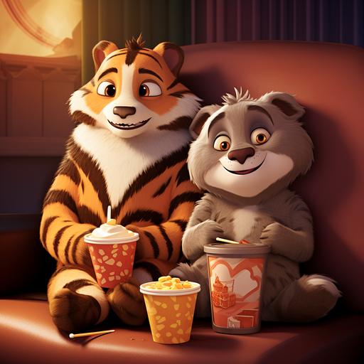 studio ghibli, simple, drawing, cartoon, figure of a sloth, beside a cute bengal striped tiger on a movie in a cinema. Wearing cozy clothes, love, popcorn and theater, cute, coloring book, style of zootopia, watching a movie, scenic