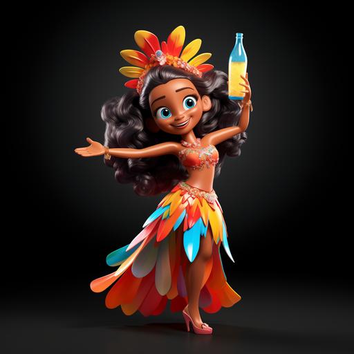 Imagine a vibrant and full of life scene, inspired by the Brazilian Carnival, reimagined through the warm and engaging style of Pixar. An animated character, dressed in a colorful and shiny Carnival costume, dances with contagious energy and a radiant smile. In one hand, she holds a plastic water bottle (this item is mandatory in the image and should be highlighted), emphasizing the importance of hydration with a touch of smart humor. The surrounding environment is a spectacle of bright colors, with confetti and streamers that seem to dance in the air, creating a festive and joyful background. The lighting is soft, yet bright, enhancing the textures and vibrant details of the scene, capturing the essence of Carnival joy and movement, but with the charm and emotional quality unique to Pixar. The character's expression, along with the visual elements, should convey joy, health, and the positive message of personal care in a welcoming and non-judgmental way. Pixar style, rich details, soft textures, saturated colors, and optimistic lighting.