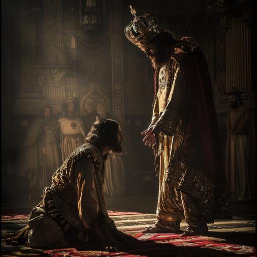 In Jesus' time, the figure of a servant bowing down to a king and forgiving him for a wrong, while the king stands, realistically, cinematically