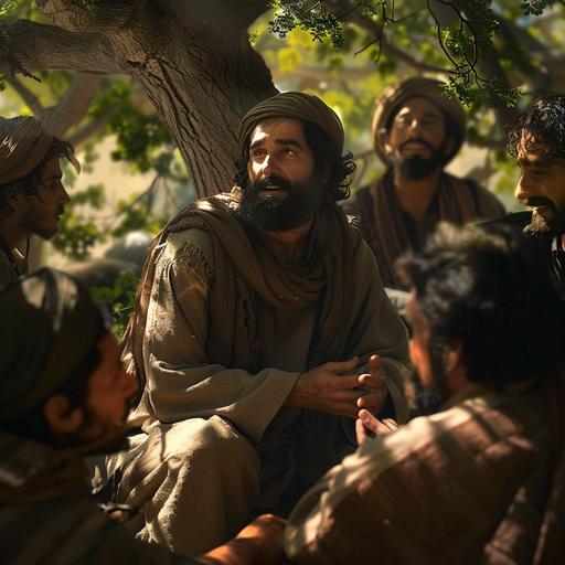 Jesus talking to his disciples under a tree ,Jesus face big, realistic, cinematic