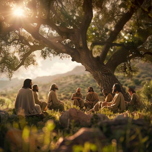 Jesus talking to his disciples under a tree ,Jesus face big, realistic, cinematic