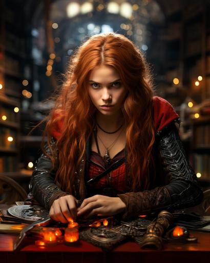 18-1664 TPX Fiery Red hair, medieval girl in a library, fullbody, full-body, fullbody-art, young-woman, red-hair, scarlet-hair, scarlet-red-hair, disgusted-face, open-book in hand, book-in-hand, photorealistic-ilustration, hyper detailed, full-body. Medieval-setting, fantasy-setting, photorealistic, hyper detailed, 8k --chaos 100 --s 750 --ar 4:5