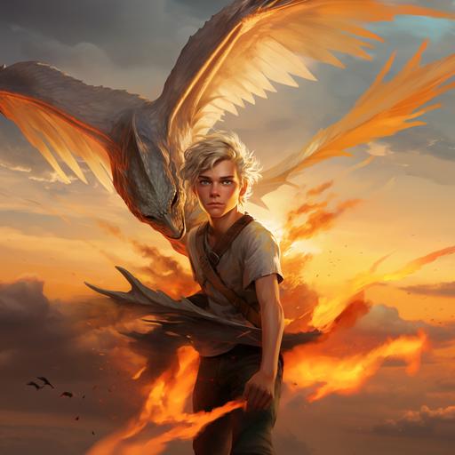 18 year old boy, blonde swooshy hair, blue eyes, riding yellow phoenix, atmospheric clouds, gray t-shirt, realistic