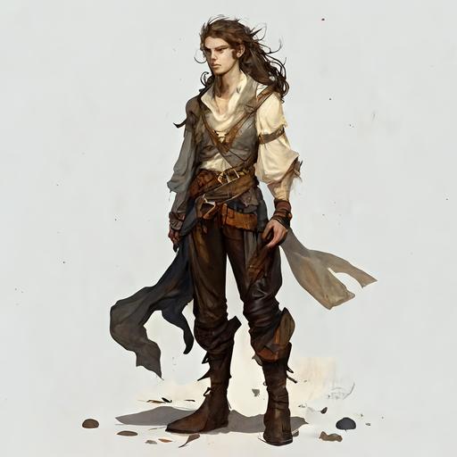 18 year old half elf boy, chest and shoulders uncovered, wrists wrapped in bandages, pants made out of thick materials, large boots, medium length flowing hair, a necklace that has a sun that sits in the middle of his chest. slim, drawing, d&d