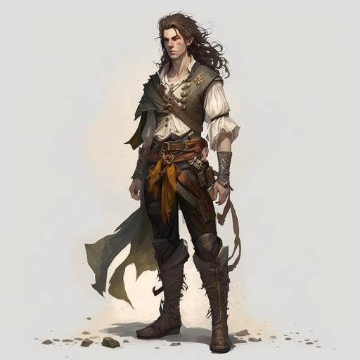 18 year old half elf boy, chest and shoulders uncovered, wrists wrapped in bandages, pants made out of thick materials, large boots, medium length flowing hair, a necklace that has a sun that sits in the middle of his chest. slim, drawing, d&d