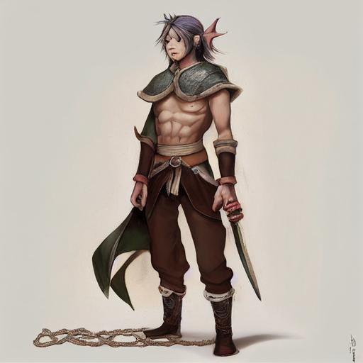 18 year old half elf boy, chest and shoulders uncovered, wrists wrapped in bandages, pants made out of thick materials, large boots, medium length flowing hair, a necklace that has a sun that sits in the middle of his chest. slim, drawing, d&d --test --creative
