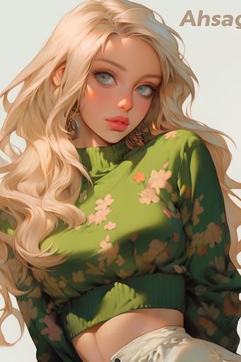 18 year old woman, long blond wavy hair to waist length, emerald green eyes, freckles on her face, doll eyes, full lips, wearing clothes inspired by 60s mod fashion with high boots, mini skirt, blouse, masterpiece, hyper detailed --ar 2:3 --style expressive --stylize 1000 --niji 5
