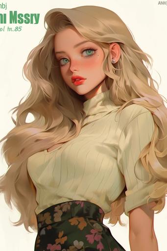 18 year old woman, long blond wavy hair to waist length, emerald green eyes, freckles on her face, doll eyes, full lips, wearing clothes inspired by 60s mod fashion with high boots, mini skirt, blouse, masterpiece, hyper detailed --ar 2:3 --style expressive --stylize 1000 --niji 5