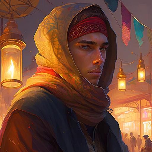 18 years old male thief, sneaking around the arabian bazaar, intricate headscarf, golden eyes, handsome, red and gold colours, realistic, detailed, arabian nights, middle eastern vibes, colourful lanterns, character concept art