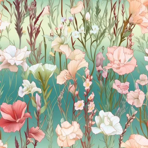 grass, white sweetpeas, carnations flower field, dichroic , vibrant vintage style, pastel, delicate, full details, pattern, --tile --v 5 --q 2