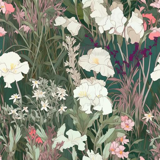 grass, white sweetpeas, carnations flower field, dichroic , vibrant vintage style, pastel, delicate, full details, pattern, --tile --v 5 --q 2