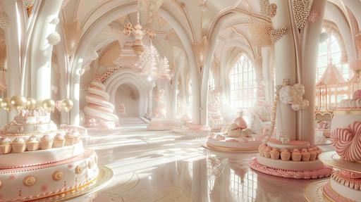 1800s ballroom made of cakes, lollipops, cupcakes and gingerbread, white gold and pastel pink colors with arches and vaults, clear dance floor, high resolution--no people --ar 16:9