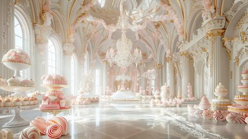 1800s ballroom made of cakes, lollipops, cupcakes and gingerbread, white gold and pastel pink colors with arches and vaults, clear dance floor, high resolution--no people --ar 16:9