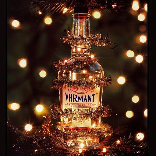 Christma tree wrapped around a Vodka Bottle shaped exactly like a bottle. skinny top. thick bottom. bottle neck shape. Warm christmas lights and ambience with tinsel and lights wrapped around the bottle