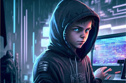 cute teenager boy hacker in the world of computer game futuristic small eco town 8k --ar 3:2 --v 4